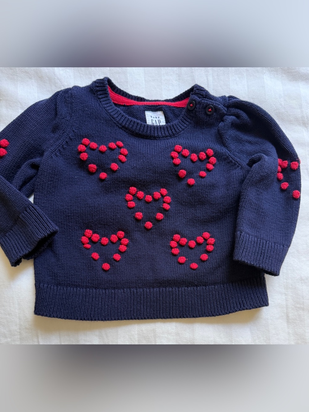 Baby GAP Unisex Sweater Navy With Red Bobble Heart Details 3-6 Mo 100% Cotton